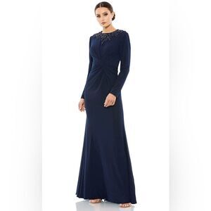 MAC DUGGAL 55713 BEADED HIGH NECK FRONT TWIST LONG SLEEVE TRUMPET GOWN 12 NWT